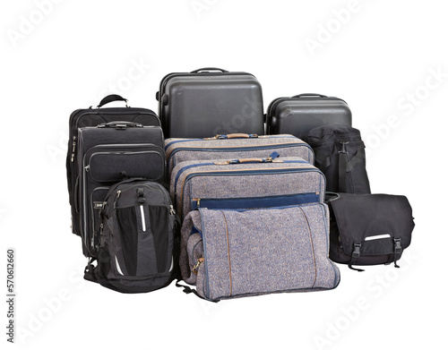 Nine old bags and suitcases with cut out background.