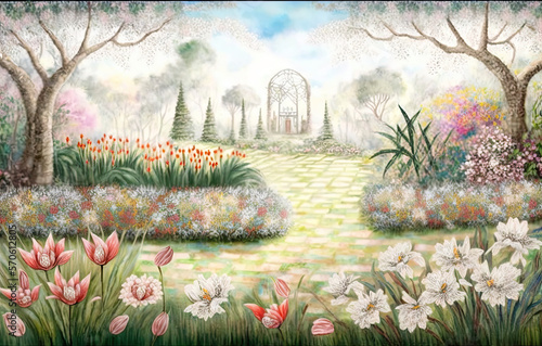 Spring Garden Landscape, Painting, Generative AI