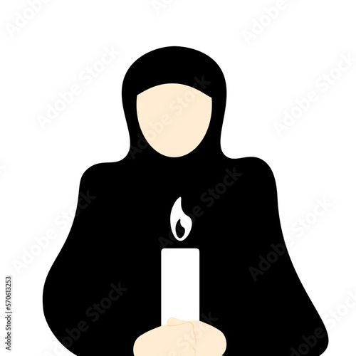 Silhouette of a woman in a cassock with a candle in her hands on a white background. A nun with a lighted candle. Easter concept. Rest in the church. The person in the apostolic.