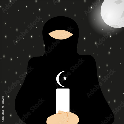 Silhouette of arabic woman in a burqa with candle in her hands on night sky background with stars and moon. Rest in the church. 