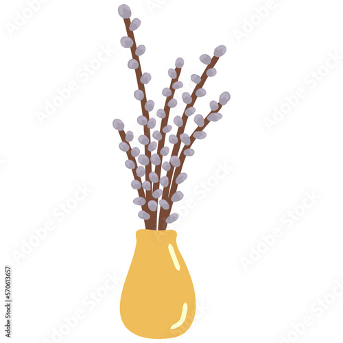 Spring willow seals on white background.Blooming willow twigs illustration in flat style,Easter decor. Bouquet with pussy tree buds. Willow branch for greeting cards, poster,banner