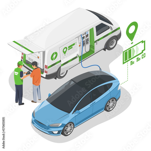 EV car Low Battery need charging  with Emergency mobile EV charger service Delivery eco company illustration isometric isolated vector cartoon