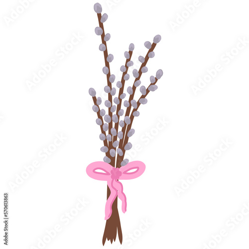 Spring willow seals on white background.Blooming willow twigs illustration in flat style,Easter decor. Bouquet with pussy tree buds. Willow branch for greeting cards, poster,banner