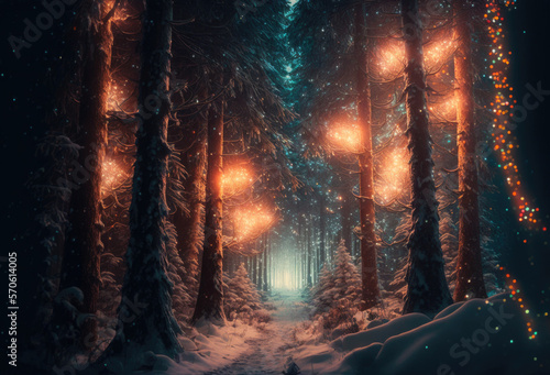 Fairy forest in winter snow with magical lights. Ai generated art