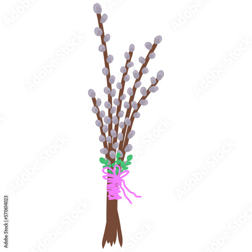 Spring willow seals on white background.Blooming willow twigs illustration in flat style,Easter decor. Bouquet with pussy tree buds. Willow branch for greeting cards, poster,banner
