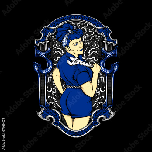 garage girl with rockabilly fashion illustration with awesome background