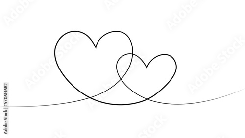 Two hearts are drawn with line. Continuous one line drawing of two hearts on white background. Hearts as a symbol of love
