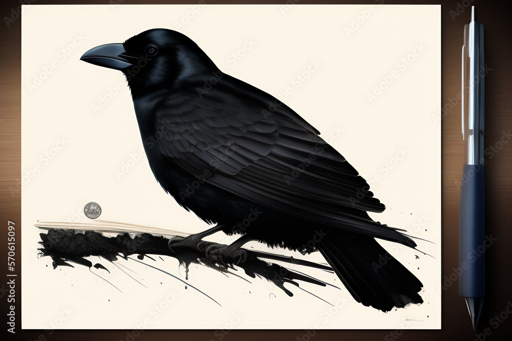 Obraz premium raven on a branch inked with pencil