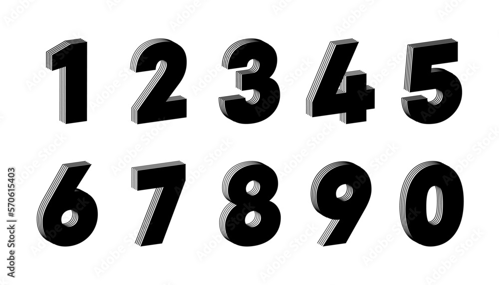 Number set linear abstract design. 3D Latin alphabet numbers from 1 to 0. logo, corporate identity, app, creative poster and more. Number set linear abstract design. 3D Latin alphabet numbers from 1 to 0. logo, corporate identity, app, creative poster and more.
