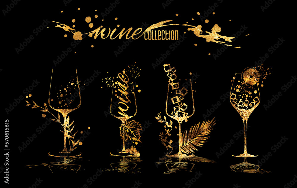 Wine collection - wine glasses and bottles. Hand drawn elements for invitation cards, advertising banners, menus in gold style. Wine glasses with splashing wine. Sketch vector illustration. Wine collection - wine glasses and bottles. Hand drawn elements for invitation cards, advertising banners, menus in gold style. Wine glasses with splashing wine. Sketch vector illustration.