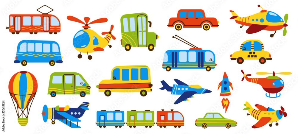 Naklejka premium Childish transport. Cute cartoon train taxi car plane blimp hot air balloon, set of funny flat road vehicle toys doodle style. Vector isolated collection