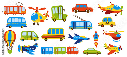 Childish transport. Cute cartoon train taxi car plane blimp hot air balloon, set of funny flat road vehicle toys doodle style. Vector isolated collection