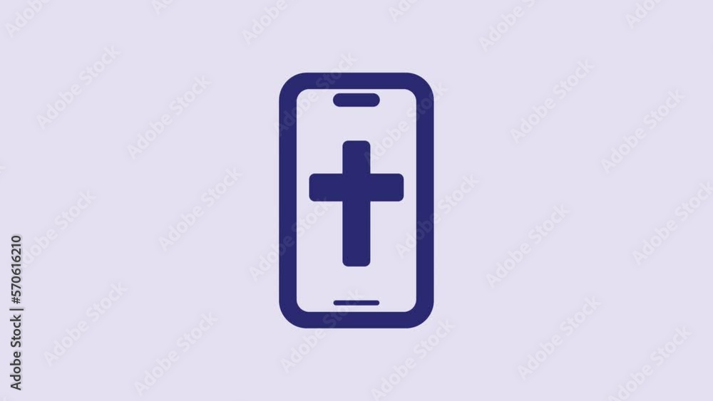 Blue Christian cross on mobile phone icon isolated on purple background. Church cross. 4K Video motion graphic animation Blue Christian cross on mobile phone icon isolated on purple background. Church cross. 4K Video motion graphic animation