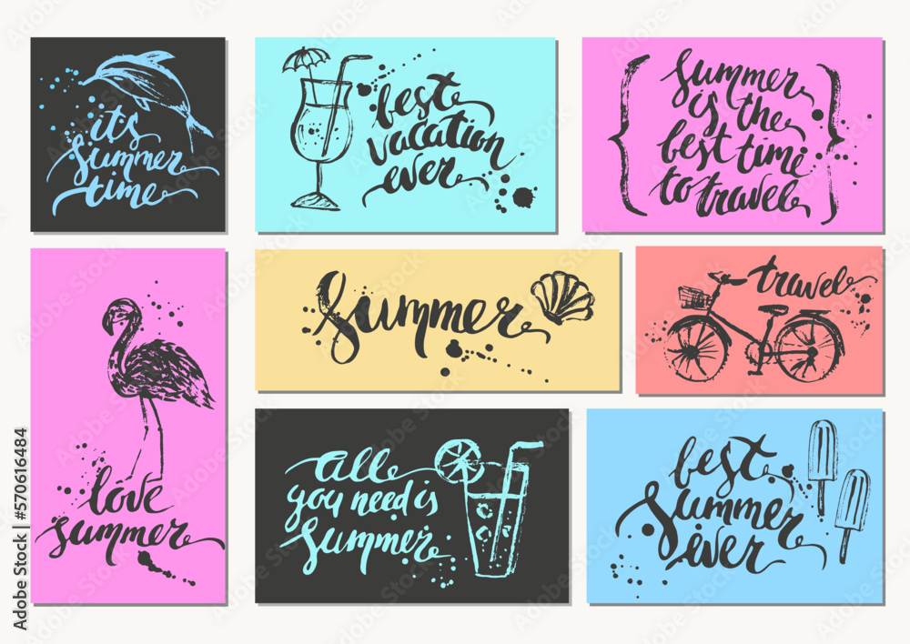 Summer card set with hand drawn sketches and lettering Summer card set with hand drawn sketches and lettering