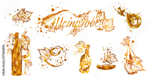Weinprobe - Collection of wine glasses and bottles. Hand drawn elements for invitation cards, advertising banners, menus in gold style. Wine glasses with splashing wine. Sketch vector illustration.