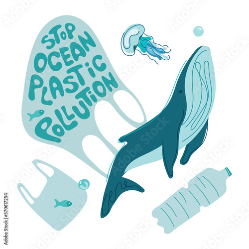 The ocean animals jellyfish, whale swim with trash, plastic bag, plastic bottle.  Vector illustration with lettering STOP OCEAN PLASТIC POLLUTION. Climate change, SAVE EARTH NOW. 