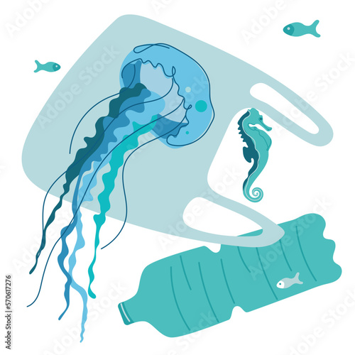 Dirty ocean environment, animals, fish, jellyfish, sea horse swim with trash, plastic bottle, plastic bag. Vector illustration climate change, SAVE EARTH NOW. People pollutes the planet.