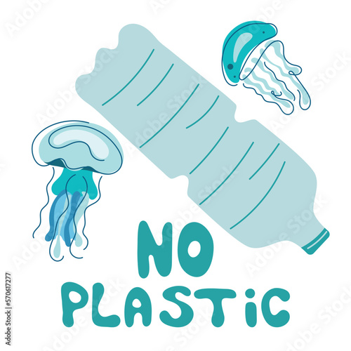 Dirty ocean environment, animals jellyfish swim with trash, plastic bottle. Vector illustration with lettering NO PLASТIC. Climate change, SAVE EARTH NOW. People pollutes the planet.