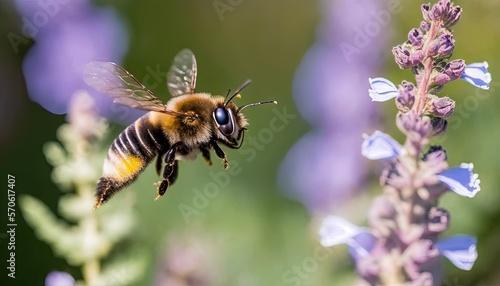  a bee flying over a purple flower in a field of lavenders and bluebells in the foreground, with a blurry background of bluebells in the foreground.  generative ai © Anna