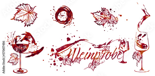 Weinprobe - Collection of wine glasses and bottles. Hand drawn elements for invitation cards, advertising banners, menus in red style. Wine glasses with splashing wine. Sketch vector illustration.