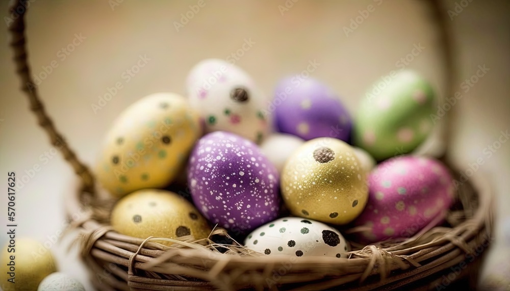 a basket filled with lots of colorful painted eggs on top of a table next to other eggs on a tablecloth covered tablecloth and a wooden basket. generative ai a basket filled with lots of colorful painted eggs on top of a table next to other eggs on a tablecloth covered tablecloth and a wooden basket. generative ai
