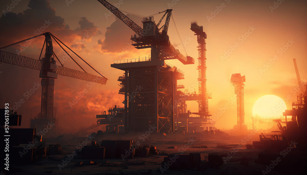 The building structure and crane at sunset, Generative Ai