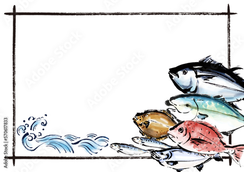 手描きの海鮮集合イラストフレーム