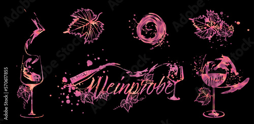 Weinprobe - Collection of wine glasses and bottles. Hand drawn elements for invitation cards, advertising banners, menus in red style. Wine glasses with splashing wine. Sketch vector illustration.