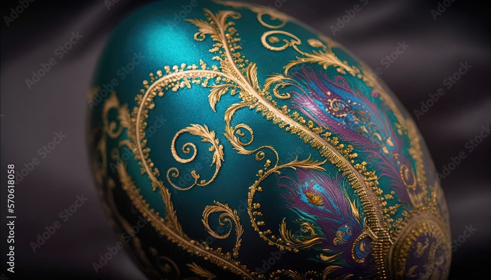 a green and gold decorated egg on a black background with a purple and gold pattern on the top of the egg, with a black background with a black backdrop. generative ai a green and gold decorated egg on a black background with a purple and gold pattern on the top of the egg, with a black background with a black backdrop. generative ai