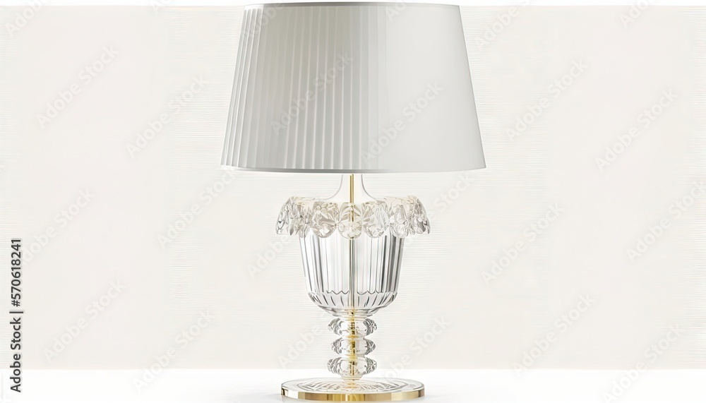  a clear lamp with a white shade on a white tablecloth on a white surface with a gold base and a white lamp shade on a white background.  generative ai