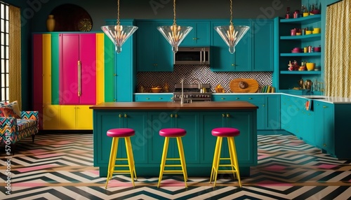  a colorful kitchen with a bar stools in the middle of the room and a colorful rug on the floor and a colorful cabinet and counter. generative ai