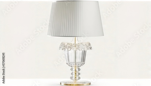  a clear lamp with a white shade on a white tablecloth on a white surface with a gold base and a white lamp shade on a white background.  generative ai