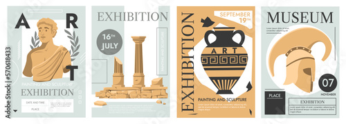 Antique exhibition posters. Contemporary museum flyer design with ancient ruins and greek sculptures for event invitation, magazine or cover. Vector set