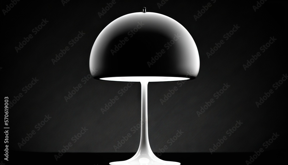  a black and white photo of a table lamp with a white base and a black background with a white light on top of the lamp.  generative ai