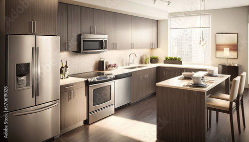  a modern kitchen with stainless steel appliances and wood flooring and a large window overlooking the cityscape of a skyscraper in the background.  generative ai
