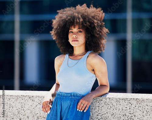 Valokuva Portrait, fashion and attitude with a black woman in the city, outdoor on a bridge during a summer day