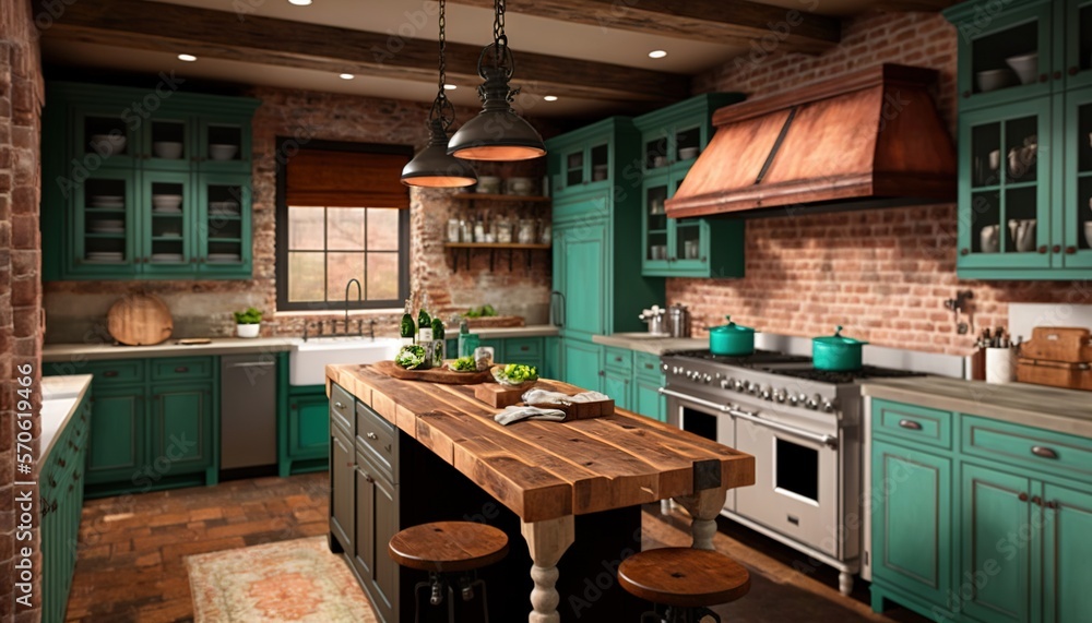  a kitchen with green cabinets and a wooden table in the middle of the room with stools on the floor and a brick wall in the background.  generative ai