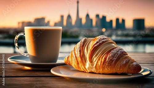  a croissant and a cup of coffee sit on a table in front of a cityscape with a sunset in the background.  generative ai