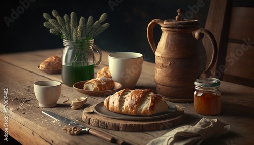  a wooden table topped with a plate of food next to a jar of honey and a cup of tea and a plate of bread on a plate. generative ai