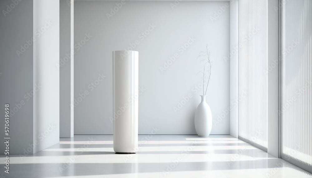 a white vase sitting in a room next to a white wall and a white floor with a striped pattern on the floor and a white wall. generative ai a white vase sitting in a room next to a white wall and a white floor with a striped pattern on the floor and a white wall. generative ai