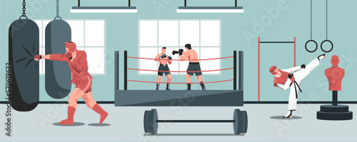 Martial sport club interior. Cartoon fitness gym with sparring ring and punching bag for training workout with muscular athletes, athletic activity. Vector illustration