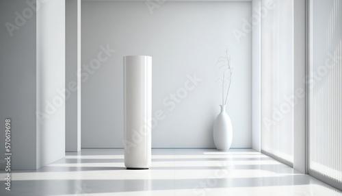  a white vase sitting in a room next to a white wall and a white floor with a striped pattern on the floor and a white wall. generative ai