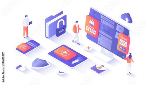 Internet security, Cybersecurity, Protection of personal data. Password protection, touch id, face id. Isometry illustration with people scene for web graphic.