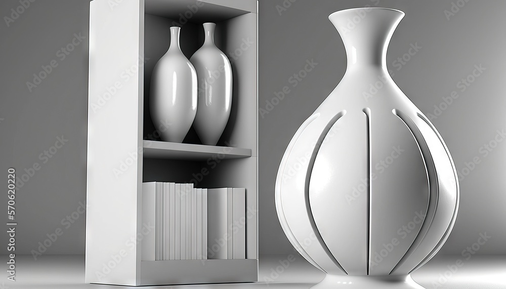 Fototapeta premium a white vase sitting next to a book shelf filled with books and a white bookcase with two white vases on top of it. generative ai