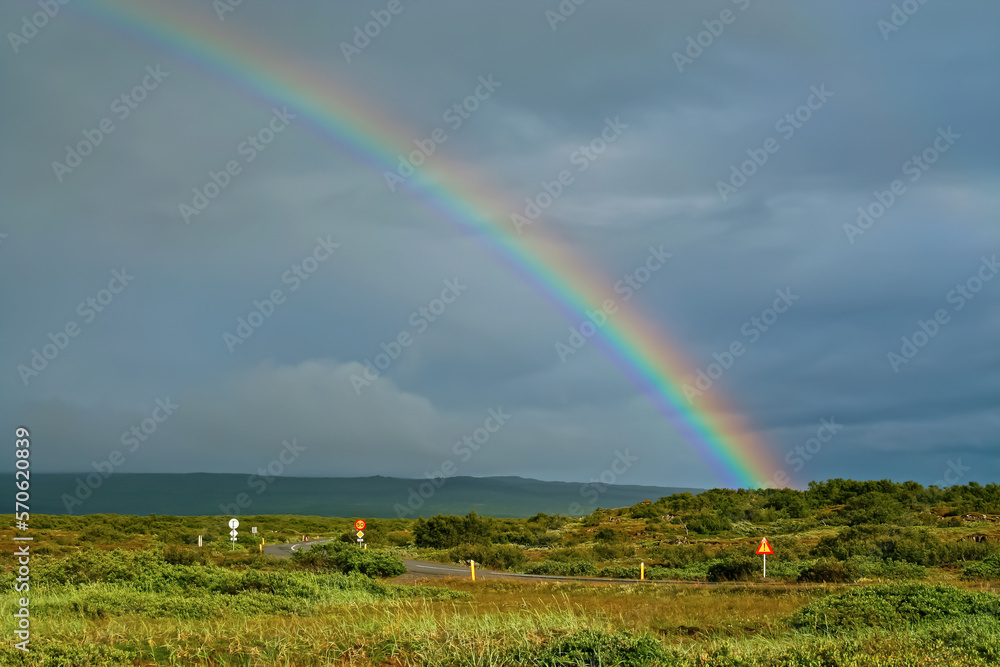 Naklejka premium Lonely road through beautiful icelandic green rural landscape after rain weather change with colorful rainbow - Iceland