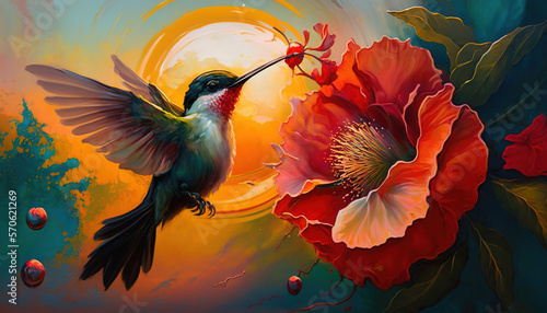 Slika na platnu a painting of a hummingbird with a flower in its beak and a sun in the background with bubbles in the water and bubbles in the air