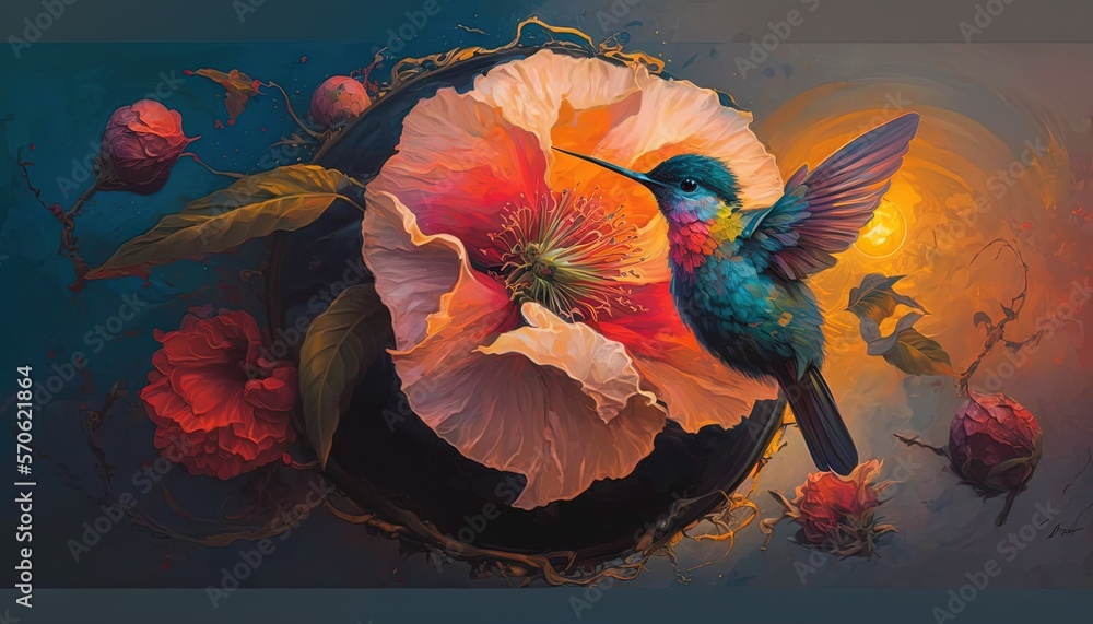  a painting of a hummingbird sitting on a flower with its wings spread out and its wings spread wide open, with a bright background of red and yellow and pink flowers.  generative ai
