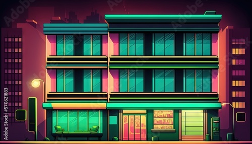 Fototapeta Naklejka Na Ścianę i Meble -   a tall building with a green and yellow awning next to a street light and a street light in front of a building with a green awning.  generative ai