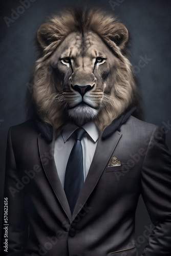 Portrait of a lion dressed in a blue business suit, generative ai