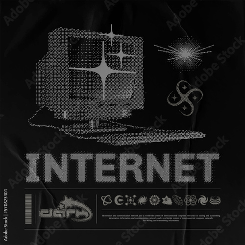 Retro futuristic poster with obsolete computers. Abstract print with noise, for streetwear, print for t-shirts and sweatshirts on a black background